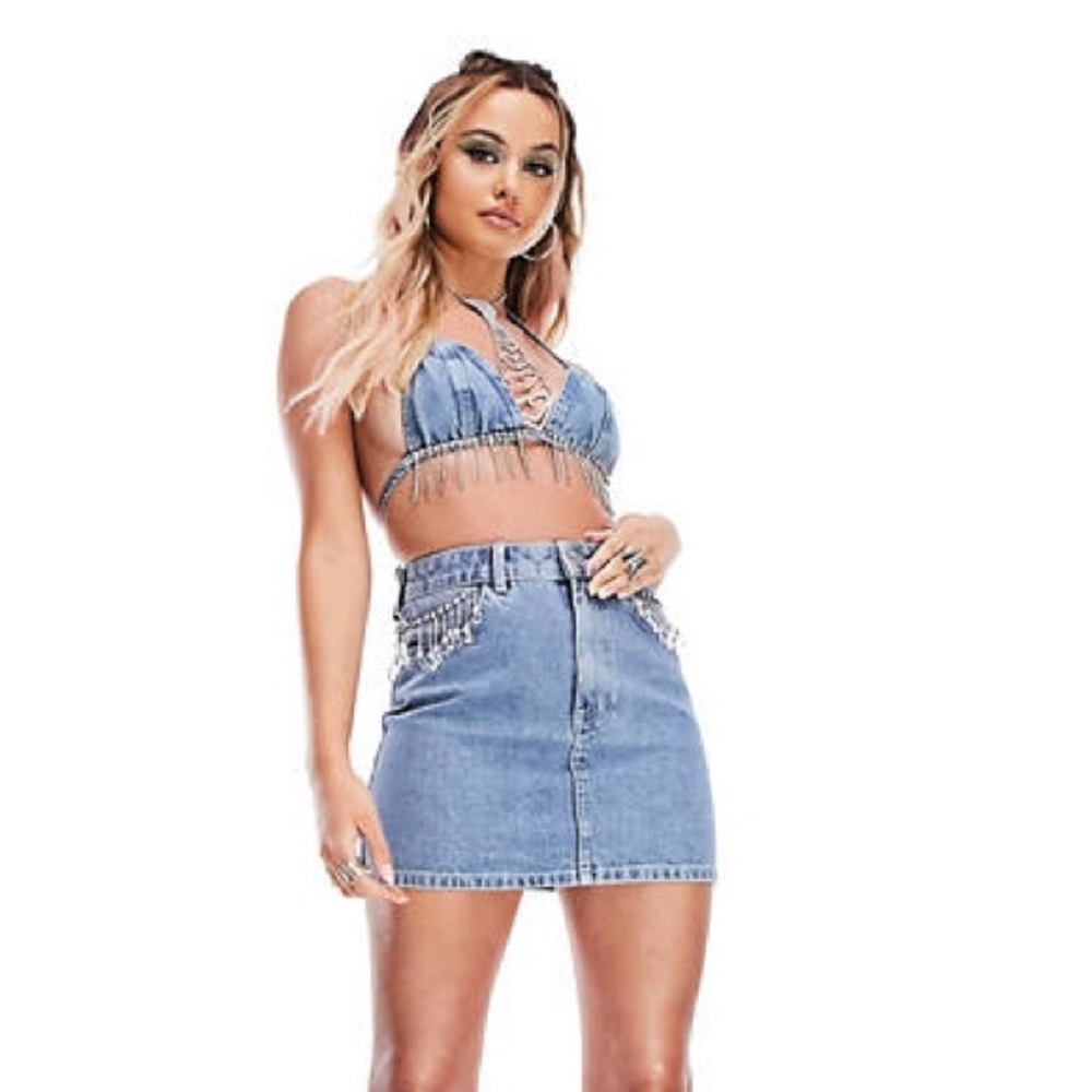 ASOS - ASYOU denim mini skirt with drippy diamonds in bleach wash - SZ 12